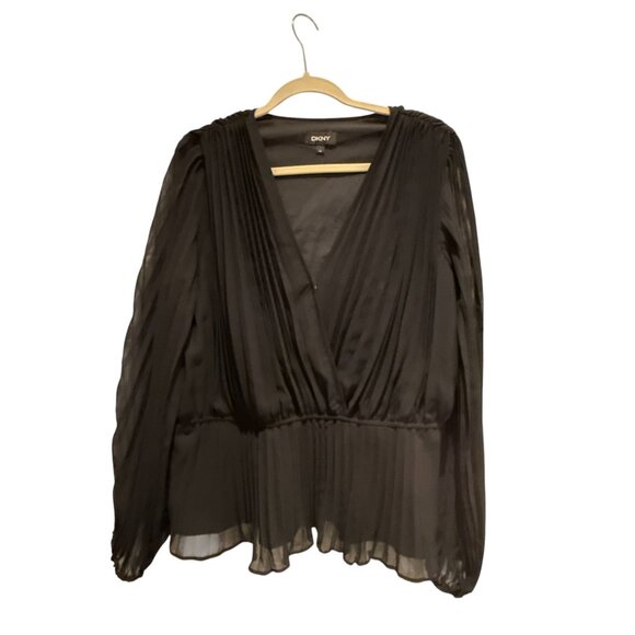 DKNY Black Sheer Chiffon Pleated Blouse V Neck Long Sleeve XL Whimsygoth Career - Picture 1 of 9